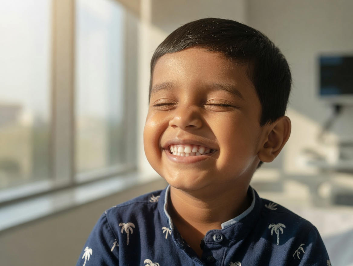 Smiling child in a bright clinical setting