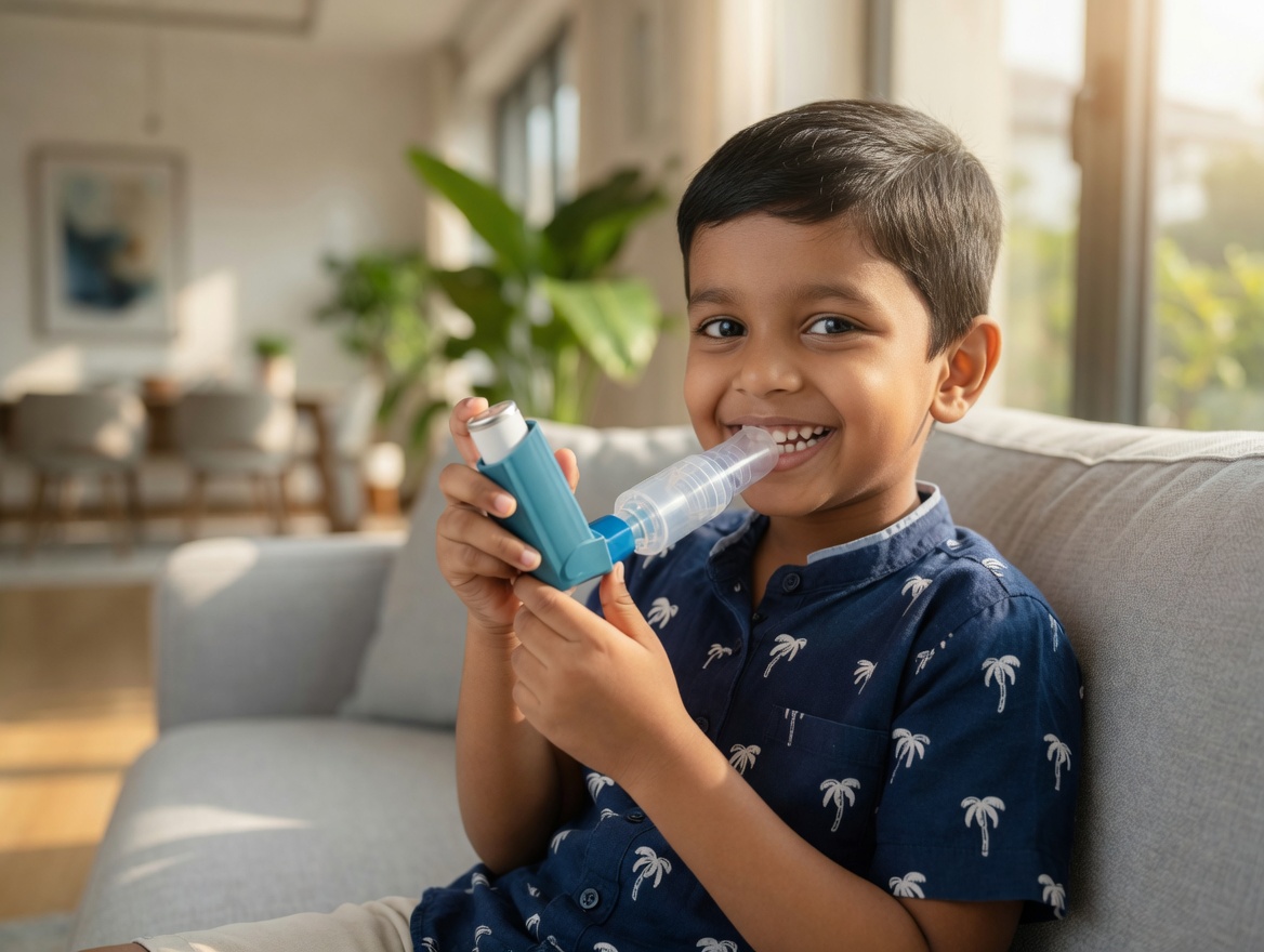 Child using an inhaler at home