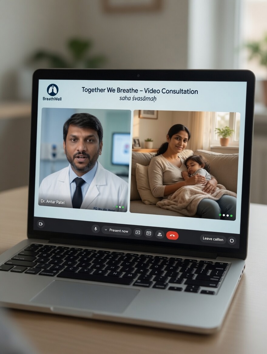 Together We Breathe video consultation on a laptop